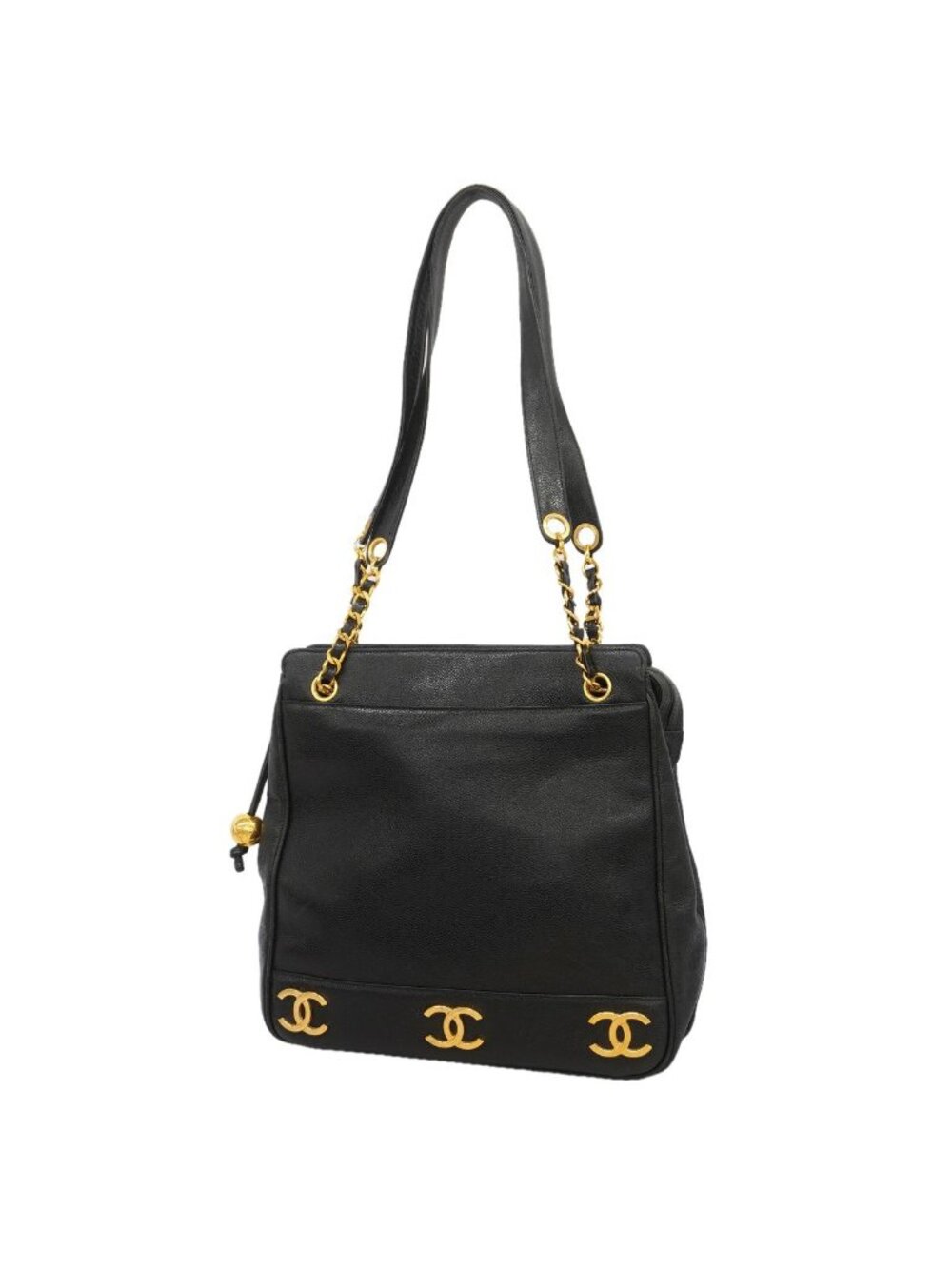 Chanel Chain Tote Bag Triple Coco Caviar Leather Black Gold